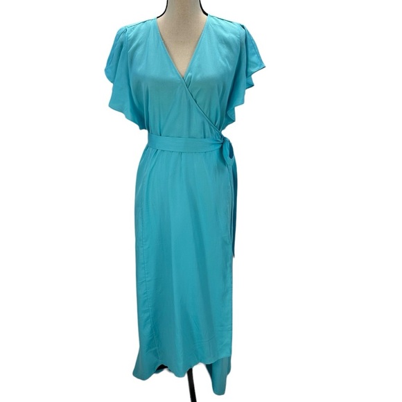 Charter Club Short Ruffle Sleeve V-Neck Wrap Midi Dress - Blue - size Large - Picture 1 of 9